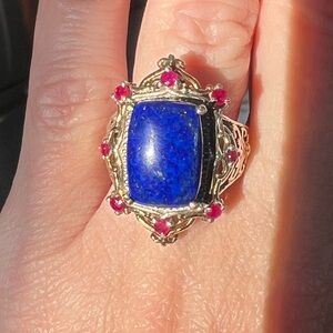 925 Silver & 18k Gold Accents Lapis and Ruby Statement Ring Size 5